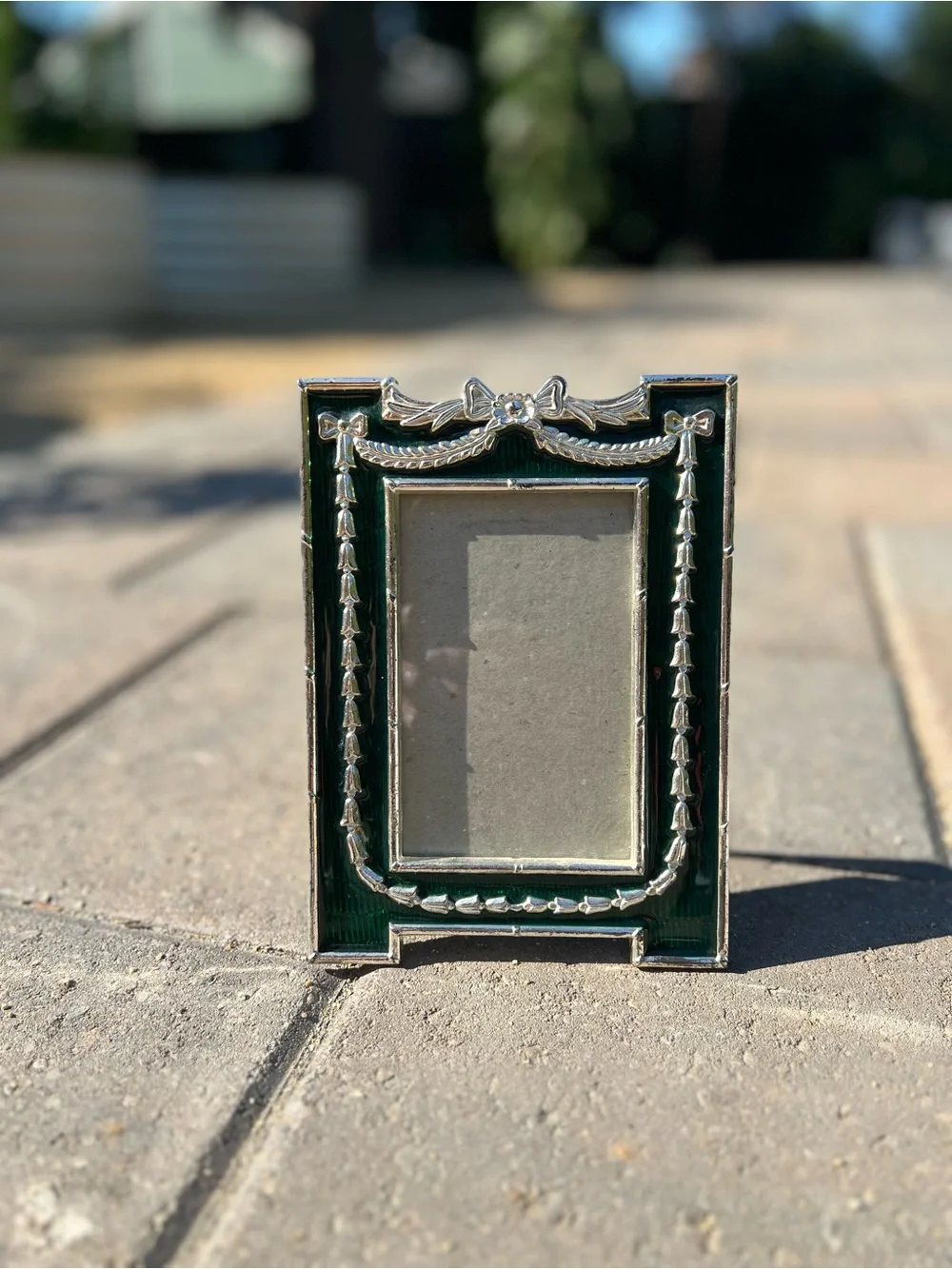 Vintage 1989 Mann Green Enamel Picture Frame, Fabergé Style Silver Tone 3x5”